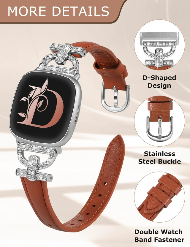 Alt view image 4 of 6 - Leather Bands Compatible with Fitbit Versa 4/Versa 3/Sense 2/Sense Band for Women, Dressy Bling Slim Leather Strap with D-shaped Diamonds Metal Buckle for Versa 4