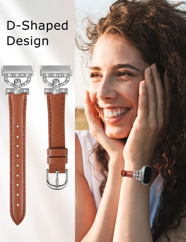 Alt view image 5 of 6 - Leather Bands Compatible with Fitbit Versa 4/Versa 3/Sense 2/Sense Band for Women, Dressy Bling Slim Leather Strap with D-shaped Diamonds Metal Buckle for Versa 4
