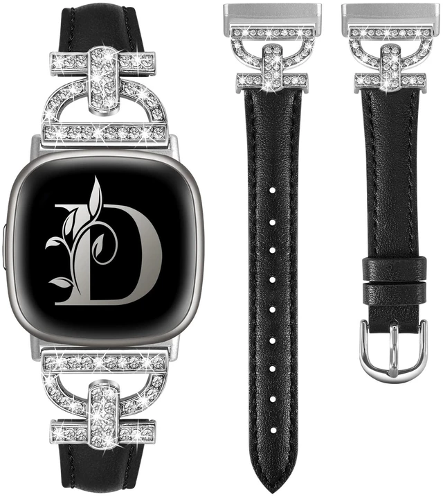 Main image of Leather Bands Compatible with Fitbit Versa 4/Versa 3/Sense 2/Sense Band for Women, Dressy Bling Slim Leather Strap with D-shaped Diamonds Metal Buckle for Versa 4