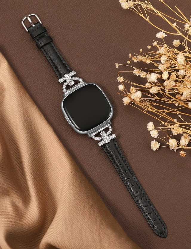 Alt view image 2 of 6 - Leather Bands Compatible with Fitbit Versa 4/Versa 3/Sense 2/Sense Band for Women, Dressy Bling Slim Leather Strap with D-shaped Diamonds Metal Buckle for Versa 4