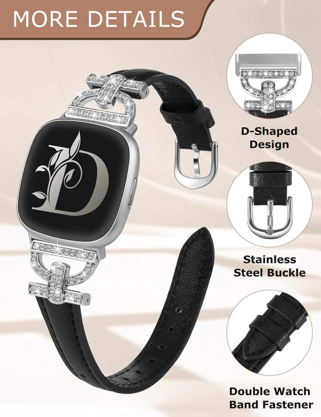 Alt view image 4 of 6 - Leather Bands Compatible with Fitbit Versa 4/Versa 3/Sense 2/Sense Band for Women, Dressy Bling Slim Leather Strap with D-shaped Diamonds Metal Buckle for Versa 4