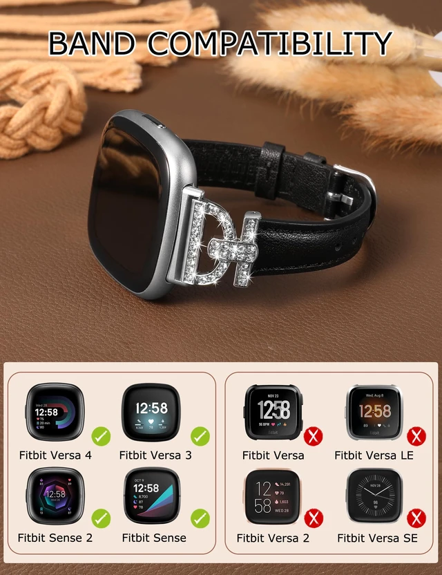 Alt view image 3 of 6 - Leather Bands Compatible with Fitbit Versa 4/Versa 3/Sense 2/Sense Band for Women, Dressy Bling Slim Leather Strap with D-shaped Diamonds Metal Buckle for Versa 4