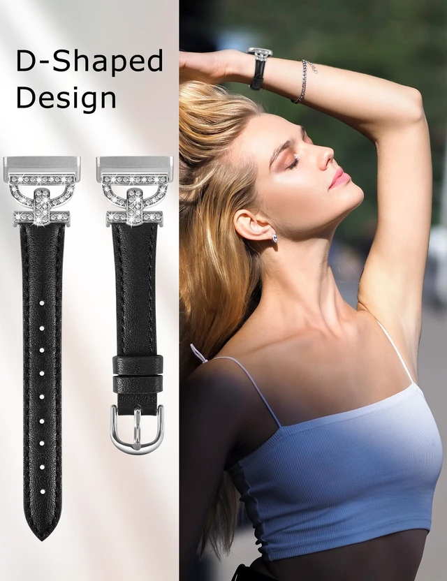 Alt view image 5 of 6 - Leather Bands Compatible with Fitbit Versa 4/Versa 3/Sense 2/Sense Band for Women, Dressy Bling Slim Leather Strap with D-shaped Diamonds Metal Buckle for Versa 4