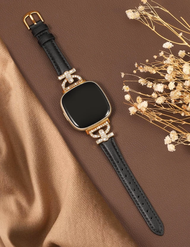Alt view image 2 of 6 - Leather Bands Compatible with Fitbit Versa 4/Versa 3/Sense 2/Sense Band for Women, Dressy Bling Slim Leather Strap with D-shaped Diamonds Metal Buckle for Versa 4