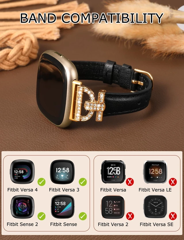 Alt view image 3 of 6 - Leather Bands Compatible with Fitbit Versa 4/Versa 3/Sense 2/Sense Band for Women, Dressy Bling Slim Leather Strap with D-shaped Diamonds Metal Buckle for Versa 4