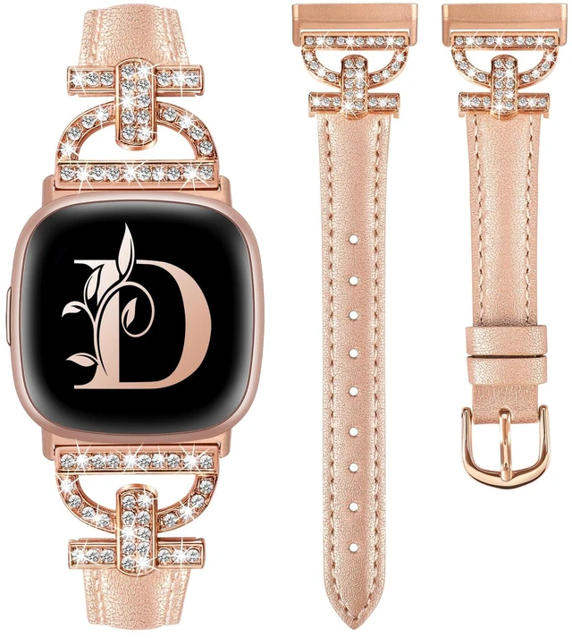 Main image of Leather Bands Compatible with Fitbit Versa 4/Versa 3/Sense 2/Sense Band for Women, Dressy Bling Slim Leather Strap with D-shaped Diamonds Metal Buckle for Versa 4