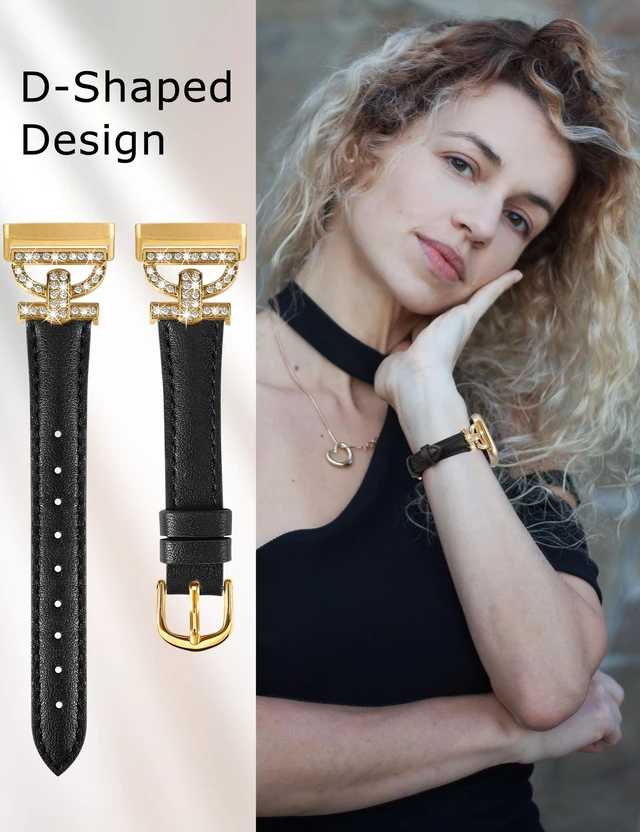 Alt view image 5 of 6 - Leather Bands Compatible with Fitbit Versa 4/Versa 3/Sense 2/Sense Band for Women, Dressy Bling Slim Leather Strap with D-shaped Diamonds Metal Buckle for Versa 4