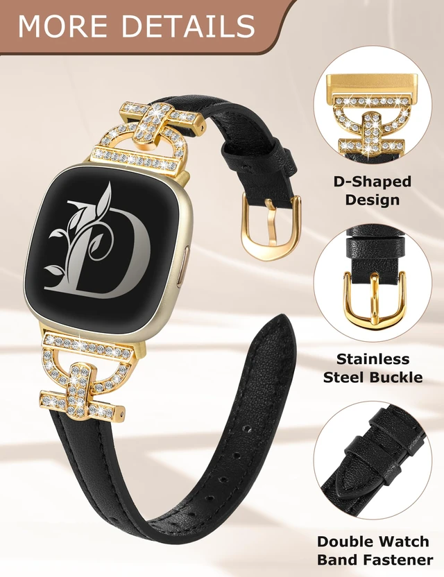Alt view image 4 of 6 - Leather Bands Compatible with Fitbit Versa 4/Versa 3/Sense 2/Sense Band for Women, Dressy Bling Slim Leather Strap with D-shaped Diamonds Metal Buckle for Versa 4
