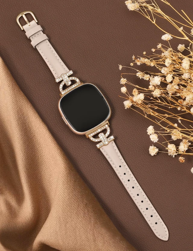 Alt view image 2 of 6 - Leather Bands Compatible with Fitbit Versa 4/Versa 3/Sense 2/Sense Band for Women, Dressy Bling Slim Leather Strap with D-shaped Diamonds Metal Buckle for Versa 4