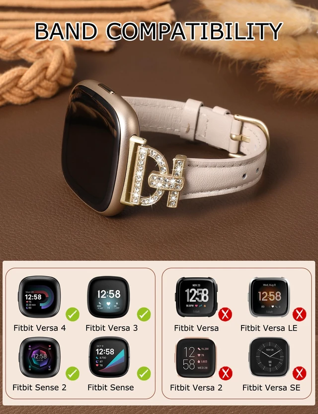 Alt view image 3 of 6 - Leather Bands Compatible with Fitbit Versa 4/Versa 3/Sense 2/Sense Band for Women, Dressy Bling Slim Leather Strap with D-shaped Diamonds Metal Buckle for Versa 4