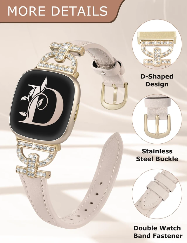 Alt view image 4 of 6 - Leather Bands Compatible with Fitbit Versa 4/Versa 3/Sense 2/Sense Band for Women, Dressy Bling Slim Leather Strap with D-shaped Diamonds Metal Buckle for Versa 4