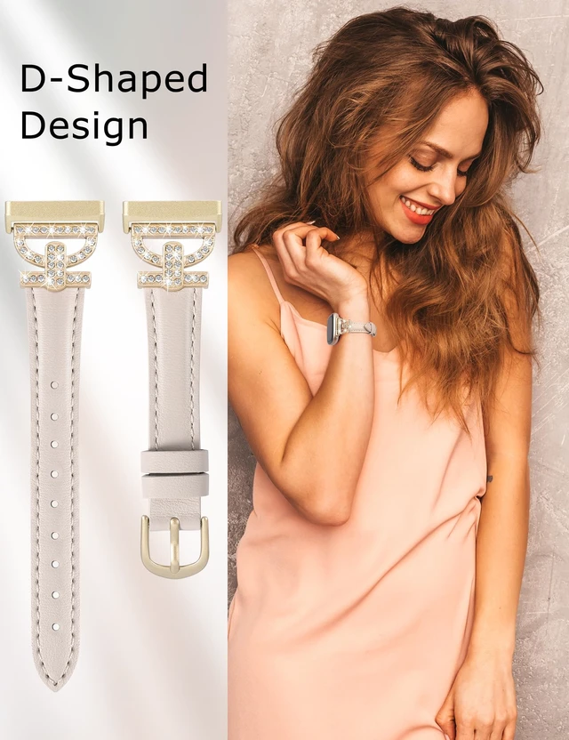 Alt view image 5 of 6 - Leather Bands Compatible with Fitbit Versa 4/Versa 3/Sense 2/Sense Band for Women, Dressy Bling Slim Leather Strap with D-shaped Diamonds Metal Buckle for Versa 4