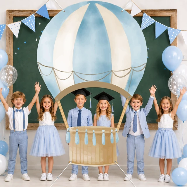 Alt view image 7 of 7 - Blue Hot Air Balloon Shaped Photo Booth Prop Selfie Frame Travel Birthday Party Decoration Large Blue Hot Air Balloon Photography Background Flying Tour Backdrop Banner for Baby Shower Party Supplies