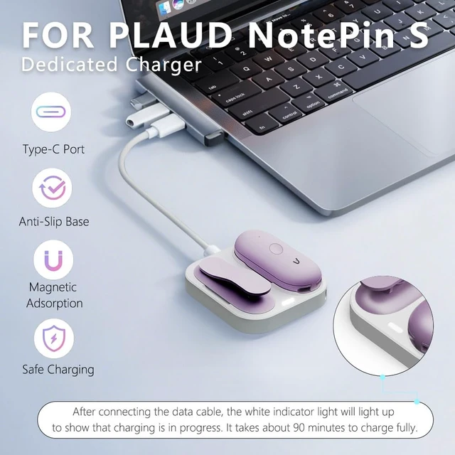Alt view image 3 of 7 - Charging Dock for Plaud NotePin S, 2-in-1 Magnetic Plaid Charger Stand with USB-C Braided Cable, Fast Charging Base Replacement Accessory for NotePin S AI Voice Recorder