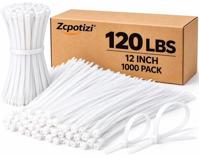 Main image of White Zip Ties 12 Inch Heavy Duty 120 Pounds Tensile Strength UV Resistant Cable Ties Self Locking Wide Industrial 12" Zipties Bulk Nylon Wire Ties Wraps 0.3 Inch Width Outdoor Use 1000 Pack