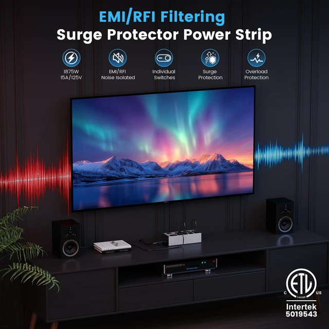 Alt view image 2 of 7 - EMI/RFI Filter Surge Protector, with Digital Display, 6 FT, Silver Individual Switches, 45° Flat Plug, Heavy Duty Power Strip, Extension Cord with Multiple Outlets, for Home Office Audio