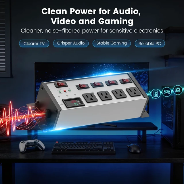 Alt view image 4 of 7 - EMI/RFI Filter Surge Protector, with Digital Display, 6 FT, Silver Individual Switches, 45° Flat Plug, Heavy Duty Power Strip, Extension Cord with Multiple Outlets, for Home Office Audio