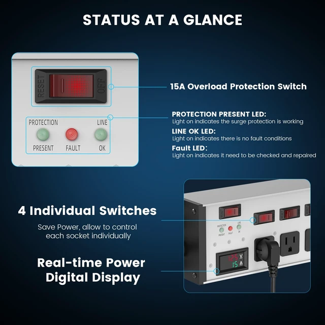 Alt view image 6 of 7 - EMI/RFI Filter Surge Protector, with Digital Display, 6 FT, Silver Individual Switches, 45° Flat Plug, Heavy Duty Power Strip, Extension Cord with Multiple Outlets, for Home Office Audio