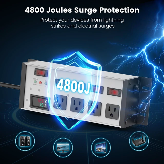 Alt view image 5 of 7 - EMI/RFI Filter Surge Protector, with Digital Display, 6 FT, Silver Individual Switches, 45° Flat Plug, Heavy Duty Power Strip, Extension Cord with Multiple Outlets, for Home Office Audio