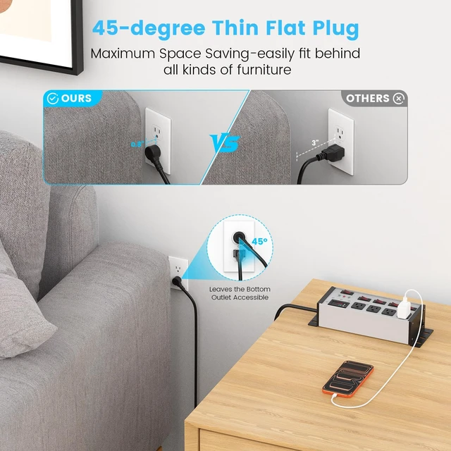 Alt view image 7 of 7 - EMI/RFI Filter Surge Protector, with Digital Display, 6 FT, Silver Individual Switches, 45° Flat Plug, Heavy Duty Power Strip, Extension Cord with Multiple Outlets, for Home Office Audio