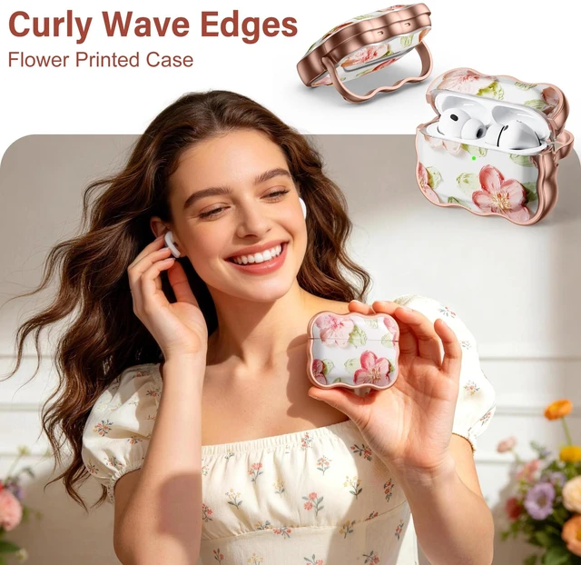 Alt view image 2 of 7 - for AirPods Pro 3 Case with Secure Lock, Cleaner Kit & Keychain Flower Print Cover with Scalloped Edge for Women Girls Compatible with Apple AirPods Pro 3 Case Cover, Drop Protection