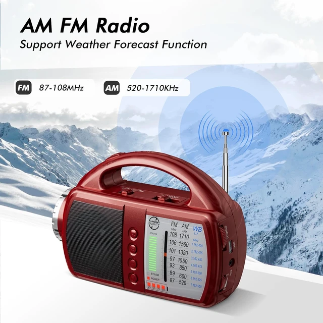 Alt view image 3 of 7 - AM/FM/NOAA Weather Radio with Bluetooth Rechargeable Emergency Radio Built-in Rechargeable Battery or 4 AA Battery Operated & AC Power Plug in Wall for Home Camping RED