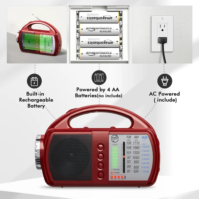 Alt view image 5 of 7 - AM/FM/NOAA Weather Radio with Bluetooth Rechargeable Emergency Radio Built-in Rechargeable Battery or 4 AA Battery Operated & AC Power Plug in Wall for Home Camping RED