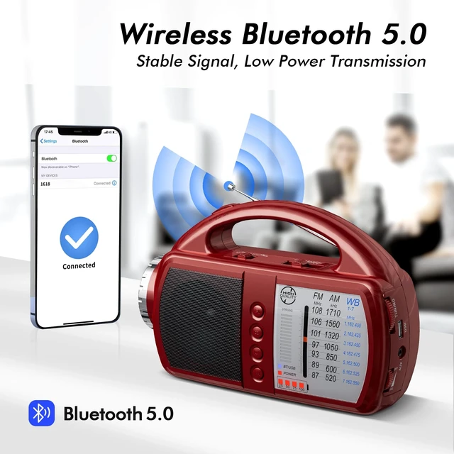 Alt view image 6 of 7 - AM/FM/NOAA Weather Radio with Bluetooth Rechargeable Emergency Radio Built-in Rechargeable Battery or 4 AA Battery Operated & AC Power Plug in Wall for Home Camping RED