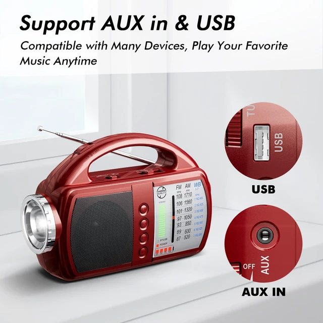 Alt view image 7 of 7 - AM/FM/NOAA Weather Radio with Bluetooth Rechargeable Emergency Radio Built-in Rechargeable Battery or 4 AA Battery Operated & AC Power Plug in Wall for Home Camping RED