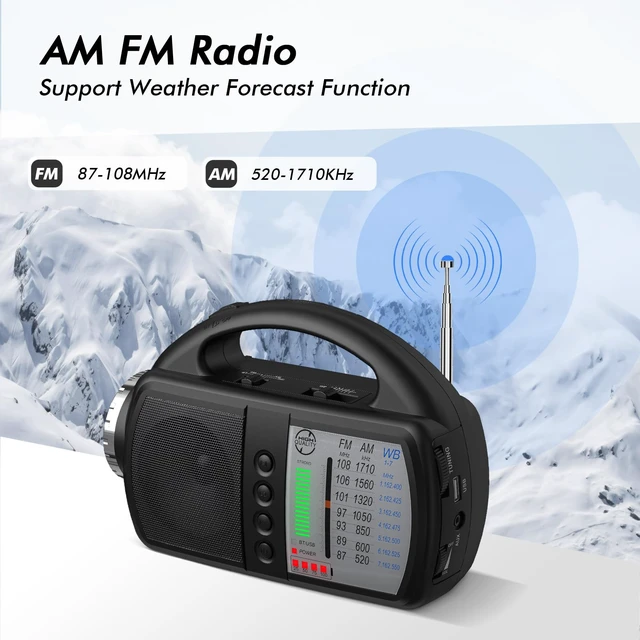 Alt view image 3 of 7 - AM FM NOAA Weather Radio,Portable Emergency Radio with Flashlight, Bluetooth 5.0, USB, AUX in Powered by Built-in Rechargeable Battery or 4 AA Battery for Home Indoor Black