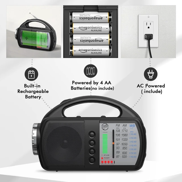 Alt view image 5 of 7 - AM FM NOAA Weather Radio,Portable Emergency Radio with Flashlight, Bluetooth 5.0, USB, AUX in Powered by Built-in Rechargeable Battery or 4 AA Battery for Home Indoor Black