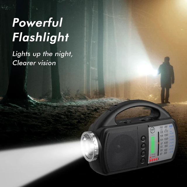 Alt view image 4 of 7 - AM FM NOAA Weather Radio,Portable Emergency Radio with Flashlight, Bluetooth 5.0, USB, AUX in Powered by Built-in Rechargeable Battery or 4 AA Battery for Home Indoor Black
