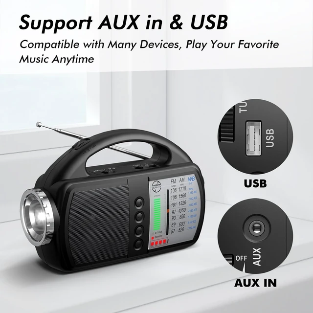 Alt view image 7 of 7 - AM FM NOAA Weather Radio,Portable Emergency Radio with Flashlight, Bluetooth 5.0, USB, AUX in Powered by Built-in Rechargeable Battery or 4 AA Battery for Home Indoor Black