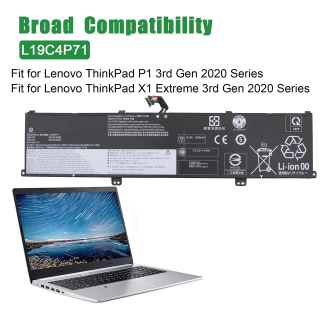 Alt view image 4 of 5 - L19C4P71 SB10X19048 5B10X19050 Laptop Battery Replacement for Lenovo ThinkPad P1 X1 Extreme 3rd Gen 2020 Series Notebook L19M4P71 SB10X19047 5B10X19049 15.36V 80Wh 5235mAh