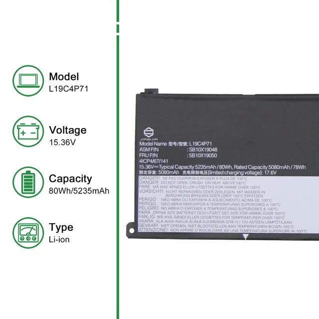 Alt view image 2 of 5 - L19C4P71 SB10X19048 5B10X19050 Laptop Battery Replacement for Lenovo ThinkPad P1 X1 Extreme 3rd Gen 2020 Series Notebook L19M4P71 SB10X19047 5B10X19049 15.36V 80Wh 5235mAh