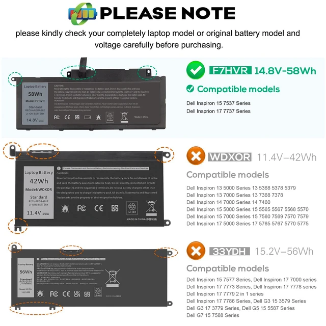 Alt view image 3 of 7 - F7HVR Laptop Battery Replacement for Dell Inspiron 17 7737 7746 15 7537 5545 Series Ins15HD-2528 Ins15HD-1528 Ins15HD-1828T G4YJM 062VNH T2T3J Battery 14.8V 58Wh