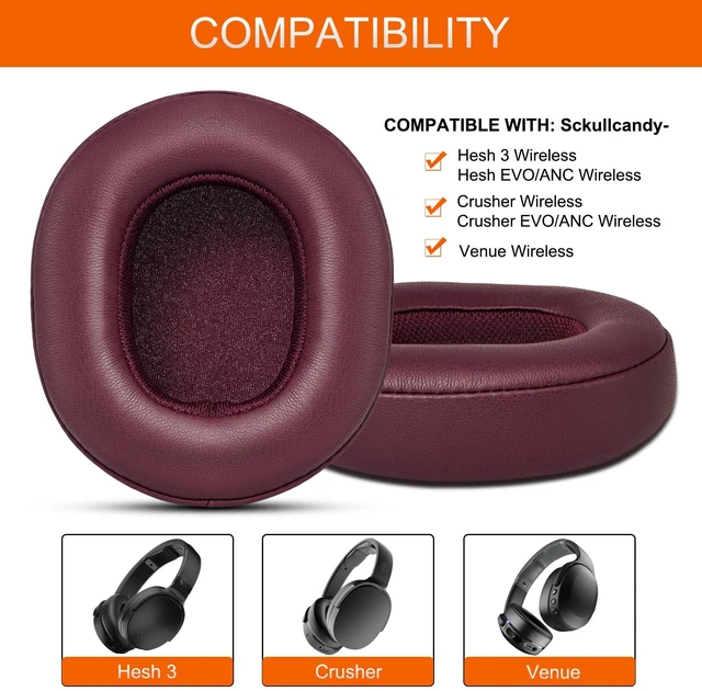 Alt view image 2 of 7 - Ear Pads Replacement for Skullcandy Crusher Evo ANC Ear Cushions -Burgundy Protein Leather Covers for Crusher Wireless/ANC/EVO Hesh 3 Venue Wireless Headphones