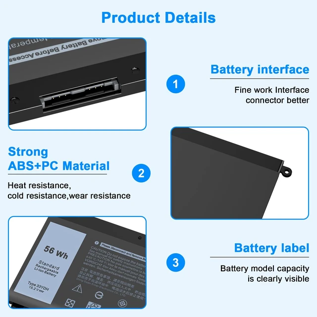 Alt view image 3 of 7 - 33YDH 56Wh Laptop Battery Compatible with Dell Inspiron 17 7000 7773 7778 7779 7786 15 7577 3579 3779 5587 7588 G3 G7 G5 Latitude 3779 3579 3380 3490
