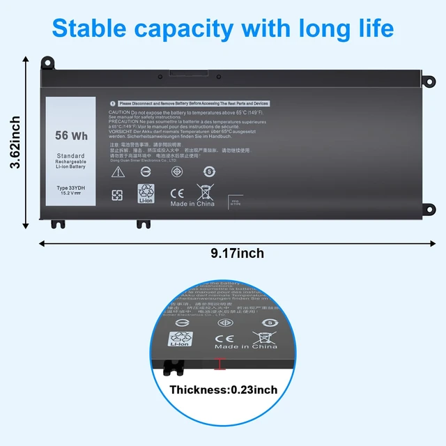 Alt view image 4 of 7 - 33YDH 56Wh Laptop Battery Compatible with Dell Inspiron 17 7000 7773 7778 7779 7786 15 7577 3579 3779 5587 7588 G3 G7 G5 Latitude 3779 3579 3380 3490