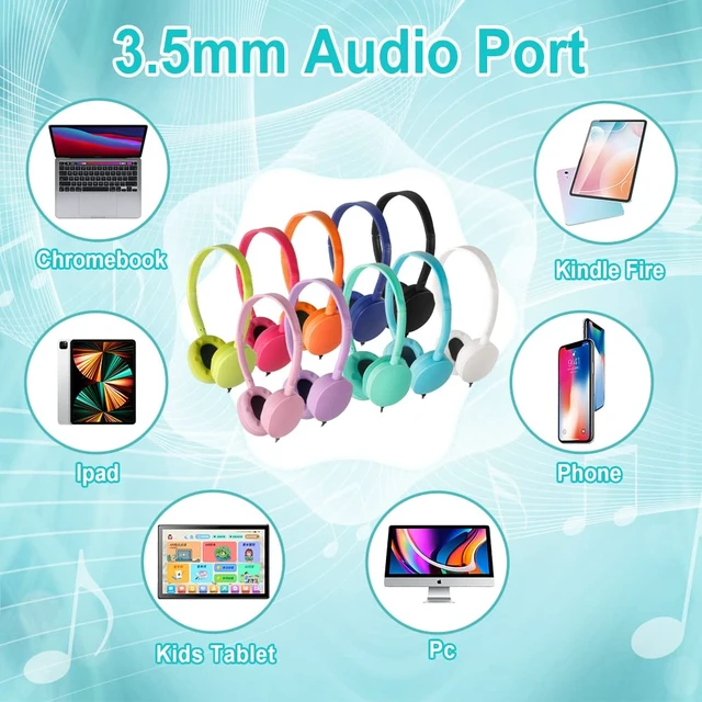 Alt view image 5 of 7 - Classroom Kids Headphones Bulk 100 Pack 10 Colourful Class Set of Headphones for Students Children Toddler Boys Girls Teen and Adult