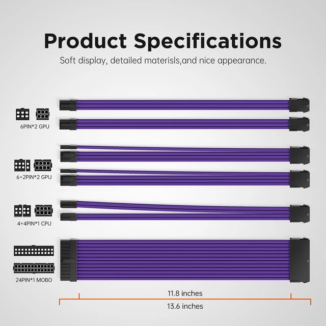 Alt view image 6 of 7 - 16AWG PSU Cable Extension Power Cords, Customized Power Supply Mod Sleeve Extension Cable, ATX/EPS/8-pin PCI-E/6-pin PCI-E for PSU Cable