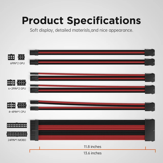 Alt view image 3 of 7 - 16AWG PSU Cable Extension Power Cords, Customized Power Supply Mod Sleeve Extension Cable, ATX/EPS/8-pin PCI-E/6-pin PCI-E for PSU Cable