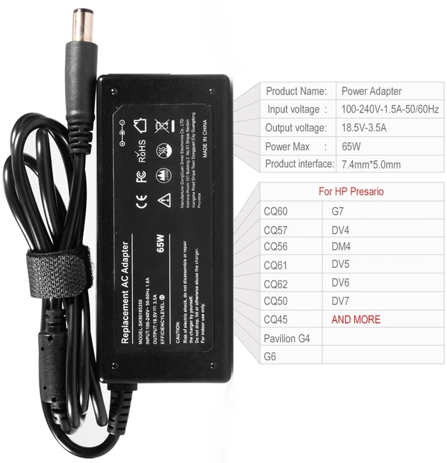 Alt view image 2 of 7 - 65W Charger for Compaq Presario CQ57 HP Pavilion G6 DV6 Black Tip Perfect for older laptops with dead batteries. Our smart chip stays completely cool even when plugged in all day