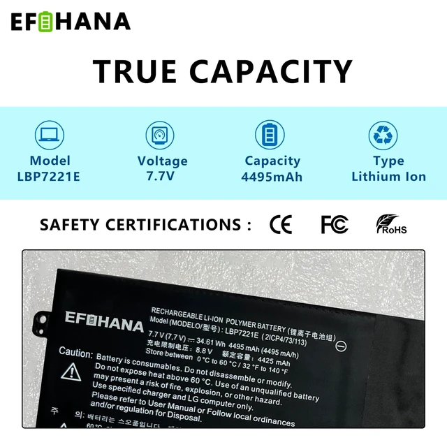 Alt view image 2 of 6 - LBP7221E LBG722VH Laptop Battery Replacement for LG Gram 13Z940 13ZD940 14Z950 14Z950-A 14Z960 15Z950 15Z960 15Z975 15ZD975 Series Notebook LBM722YE EAC62718304 EAC62198201 7.7V 34.61Wh 4495mAh