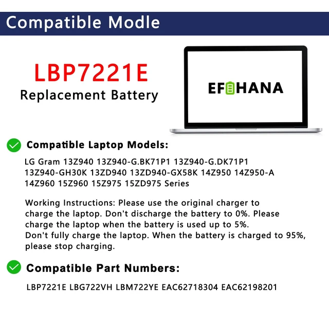 Alt view image 3 of 6 - LBP7221E LBG722VH Laptop Battery Replacement for LG Gram 13Z940 13ZD940 14Z950 14Z950-A 14Z960 15Z950 15Z960 15Z975 15ZD975 Series Notebook LBM722YE EAC62718304 EAC62198201 7.7V 34.61Wh 4495mAh