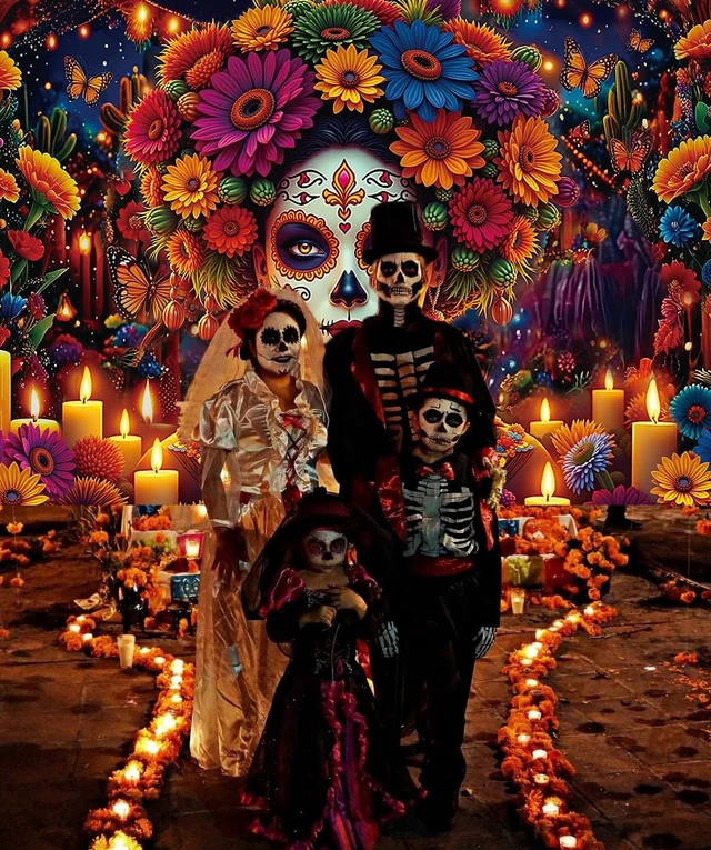 Alt view image 3 of 7 - Day of the Dead Backdrop Mexican Fiesta Colorful Sugar Skull Woman Flowers Candles Photography Background Dia De Los Muertos Altar Ofrenda Party Decorations Supplies Fiesta Banner 8x6FT