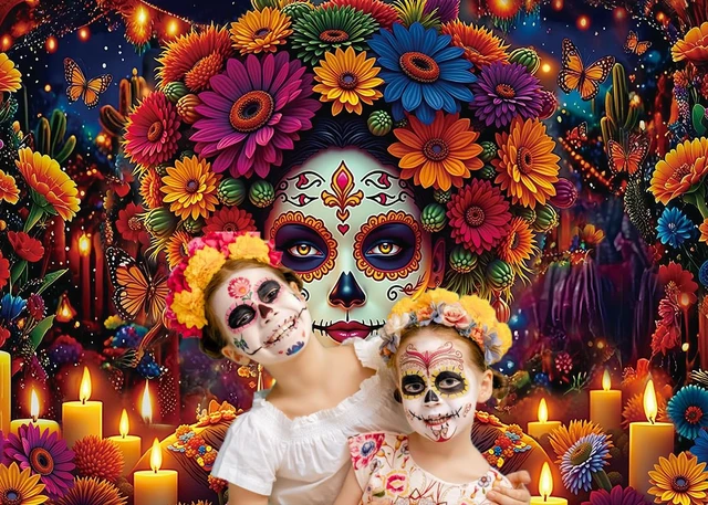 Alt view image 4 of 7 - Day of the Dead Backdrop Mexican Fiesta Colorful Sugar Skull Woman Flowers Candles Photography Background Dia De Los Muertos Altar Ofrenda Party Decorations Supplies Fiesta Banner 8x6FT