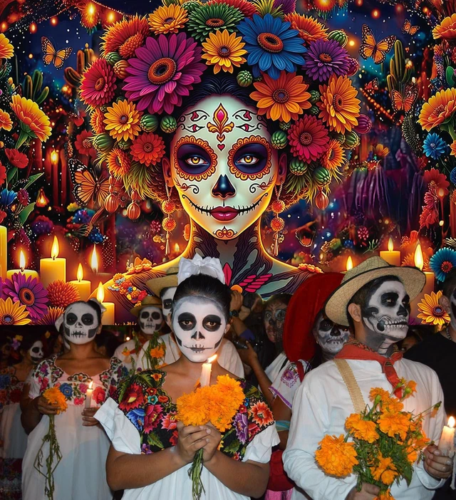 Alt view image 5 of 7 - Day of the Dead Backdrop Mexican Fiesta Colorful Sugar Skull Woman Flowers Candles Photography Background Dia De Los Muertos Altar Ofrenda Party Decorations Supplies Fiesta Banner 8x6FT