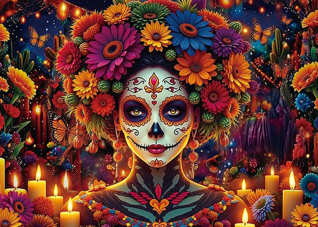 Alt view image 2 of 7 - Day of the Dead Backdrop Mexican Fiesta Colorful Sugar Skull Woman Flowers Candles Photography Background Dia De Los Muertos Altar Ofrenda Party Decorations Supplies Fiesta Banner 8x6FT