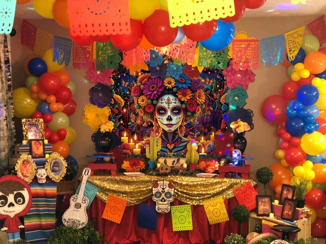 Alt view image 6 of 7 - Day of the Dead Backdrop Mexican Fiesta Colorful Sugar Skull Woman Flowers Candles Photography Background Dia De Los Muertos Altar Ofrenda Party Decorations Supplies Fiesta Banner 8x6FT